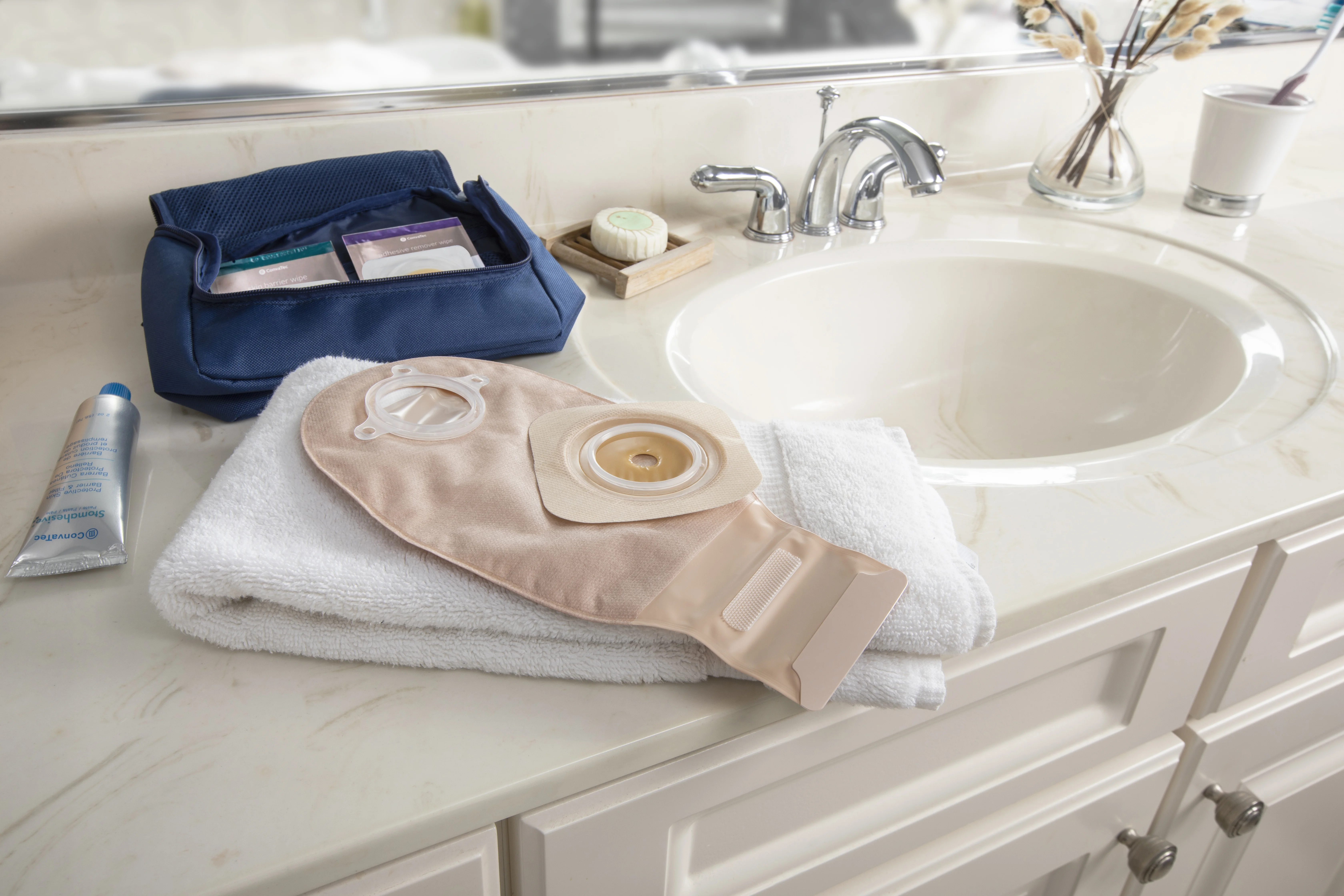 ostomy products on a sink